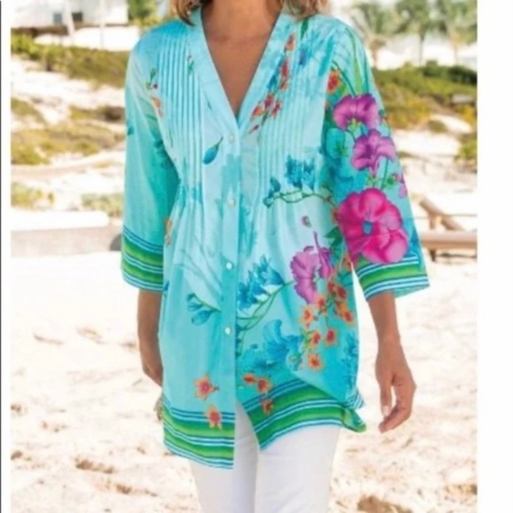 Soft Surroundings L’atalante Blue Floral Pintuck Button Front Tunic Top Size S